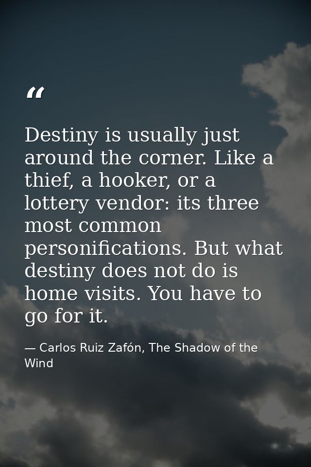 Destiny is usually just around the corner. Like a thief, a hooker, or a lottery vendor: its three most common personific — Carlos Ruiz Zafón, The Shadow of the Wind