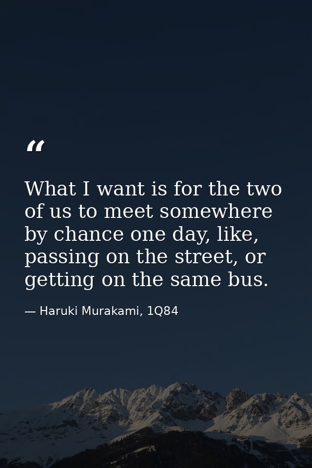 What I want is for the two of us to meet somewhere by chance one day, like, passing on the street, or getting on the sam — Haruki Murakami, 1Q84