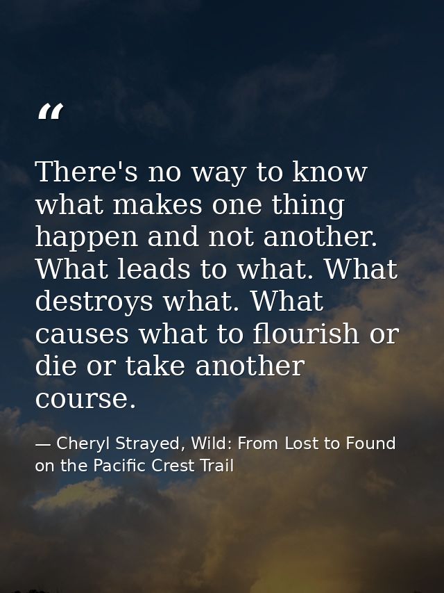 There's no way to know what makes one thing happen and not another. What leads to what. What destroys what. What causes  — Cheryl Strayed, Wild: From Lost to Found on the Pacific Crest Trail