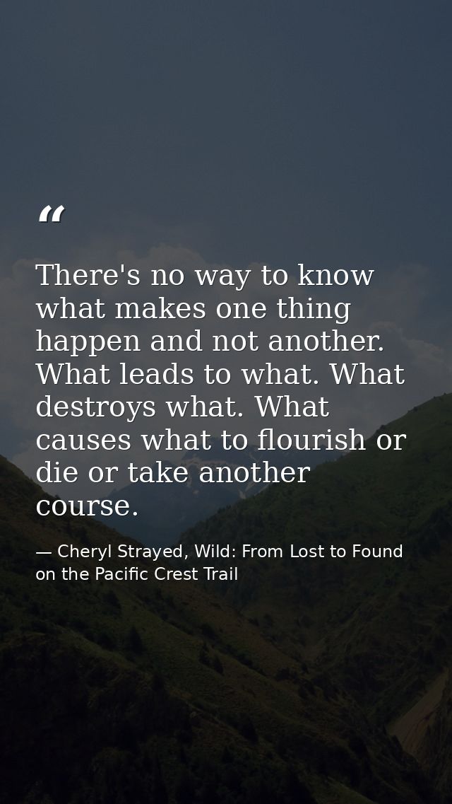There's no way to know what makes one thing happen and not another. What leads to what. What destroys what. What causes  — Cheryl Strayed, Wild: From Lost to Found on the Pacific Crest Trail