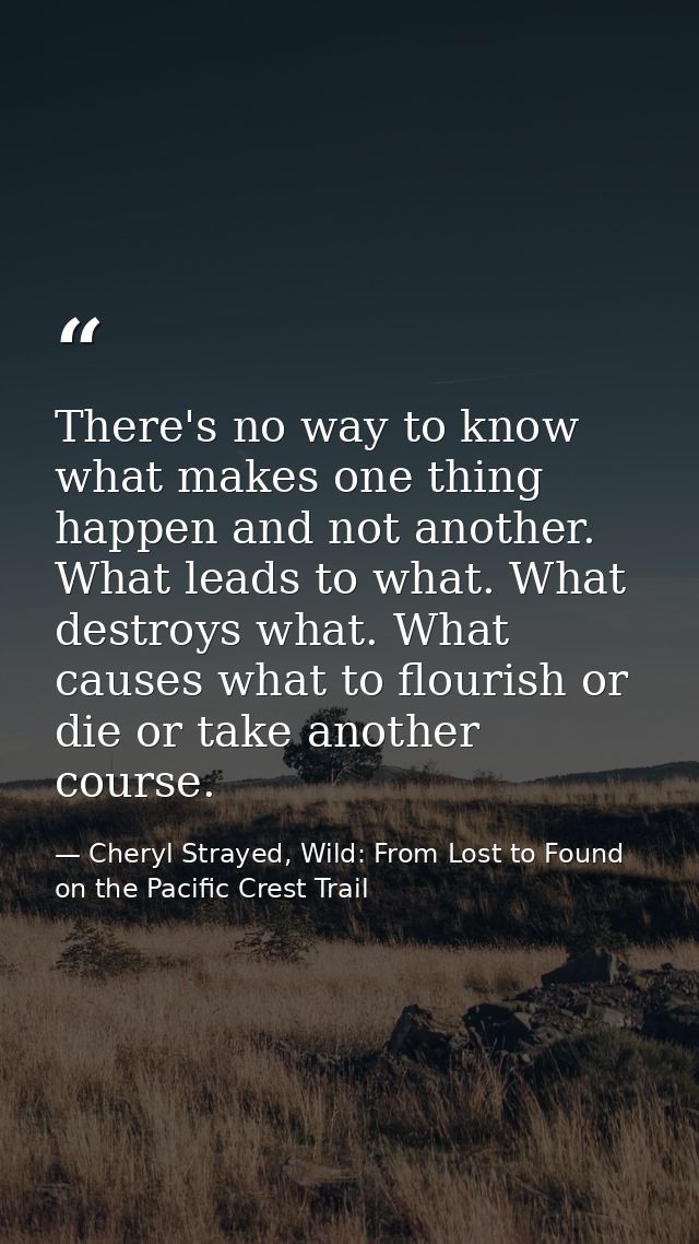 There's no way to know what makes one thing happen and not another. What leads to what. What destroys what. What causes  — Cheryl Strayed, Wild: From Lost to Found on the Pacific Crest Trail
