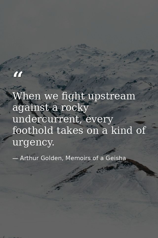When we fight upstream against a rocky undercurrent, every foothold takes on a kind of urgency. — Arthur Golden, Memoirs of a Geisha