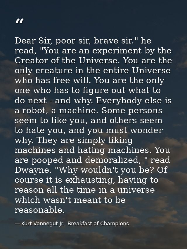 Dear Sir, poor sir, brave sir." he read, "You are an experiment by the Creator of the Universe. You are the only creatur — Kurt Vonnegut Jr., Breakfast of Champions