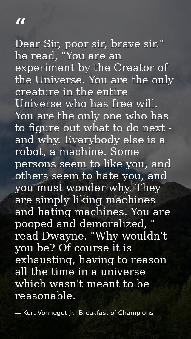 Dear Sir, poor sir, brave sir." he read, "You are an experiment by the Creator of the Universe. You are the only creatur — Kurt Vonnegut Jr., Breakfast of Champions