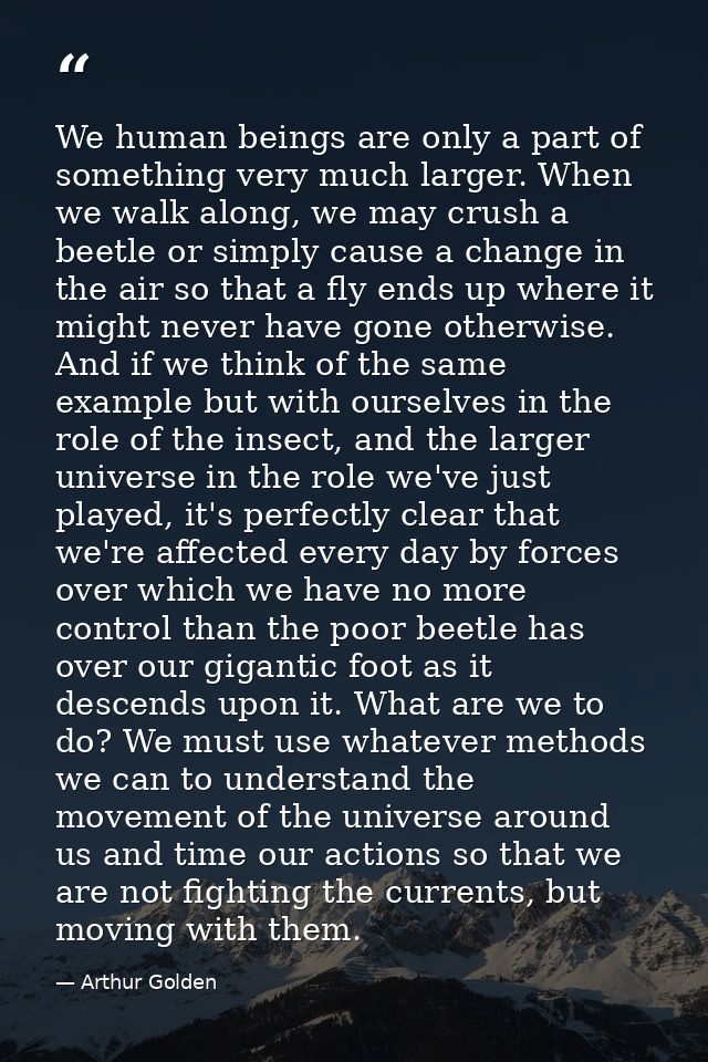We human beings are only a part of something very much larger. When we walk along, we may crush a beetle or simply cause — Arthur Golden