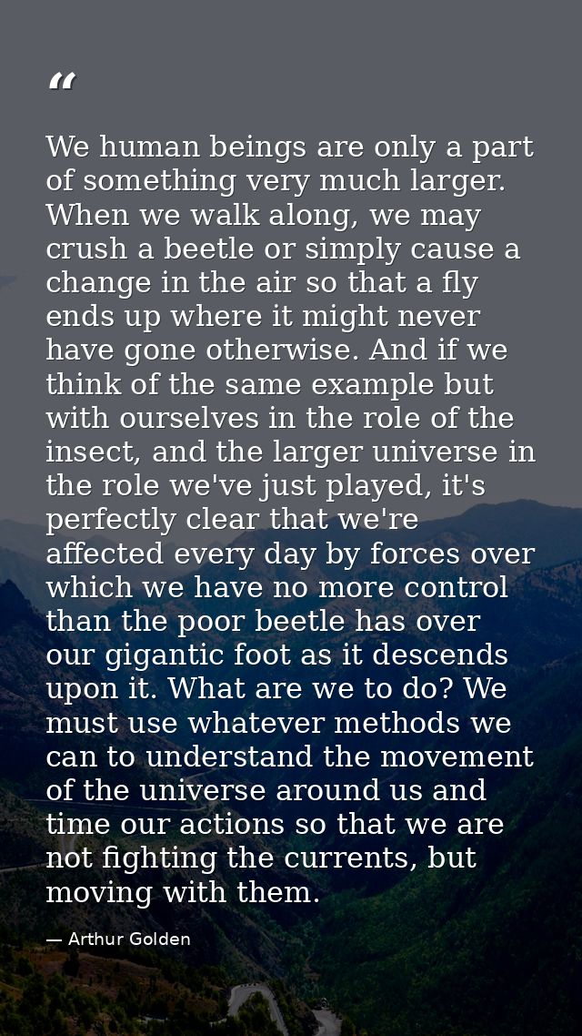 We human beings are only a part of something very much larger. When we walk along, we may crush a beetle or simply cause — Arthur Golden