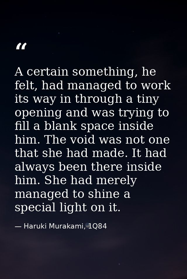 A certain something, he felt, had managed to work its way in through a tiny opening and was trying to fill a blank space — Haruki Murakami, 1Q84