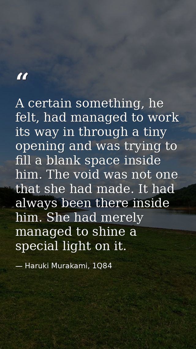 A certain something, he felt, had managed to work its way in through a tiny opening and was trying to fill a blank space — Haruki Murakami, 1Q84