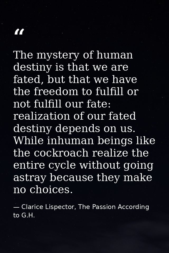 The mystery of human destiny is that we are fated, but that we have the freedom to fulfill or not fulfill our fate: real — Clarice Lispector, The Passion According to G.H.