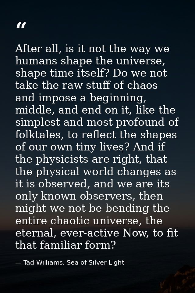 After all, is it not the way we humans shape the universe, shape time itself? Do we not take the raw stuff of chaos and  — Tad Williams, Sea of Silver Light