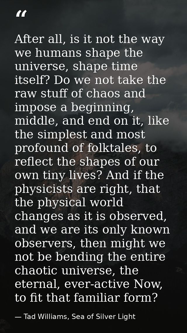 After all, is it not the way we humans shape the universe, shape time itself? Do we not take the raw stuff of chaos and  — Tad Williams, Sea of Silver Light