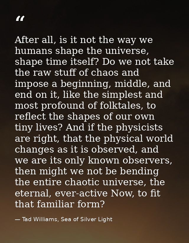 After all, is it not the way we humans shape the universe, shape time itself? Do we not take the raw stuff of chaos and  — Tad Williams, Sea of Silver Light