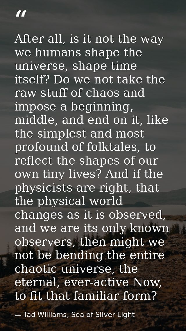 After all, is it not the way we humans shape the universe, shape time itself? Do we not take the raw stuff of chaos and  — Tad Williams, Sea of Silver Light