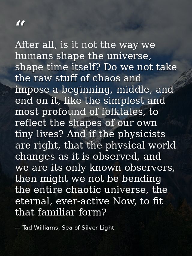 After all, is it not the way we humans shape the universe, shape time itself? Do we not take the raw stuff of chaos and  — Tad Williams, Sea of Silver Light