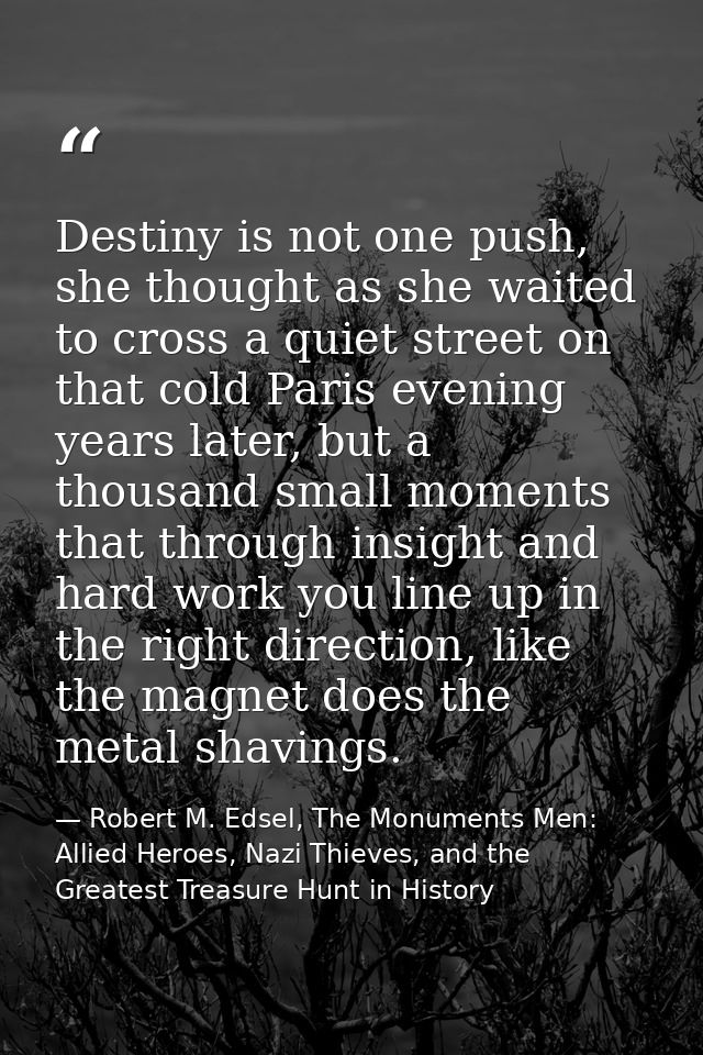 Destiny is not one push, she thought as she waited to cross a quiet street on that cold Paris evening years later, but a — Robert M. Edsel, The Monuments Men: Allied Heroes, Nazi Thieves, and the Greatest Treasure Hunt in History