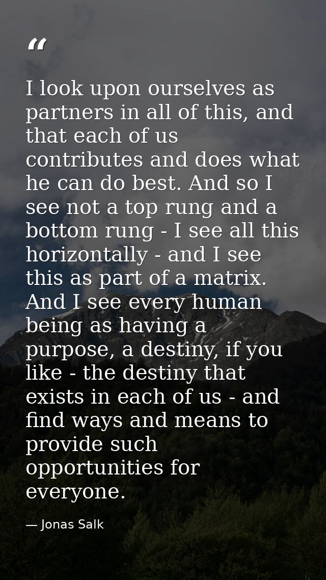 I look upon ourselves as partners in all of this, and that each of us contributes and does what he can do best. And so I — Jonas Salk