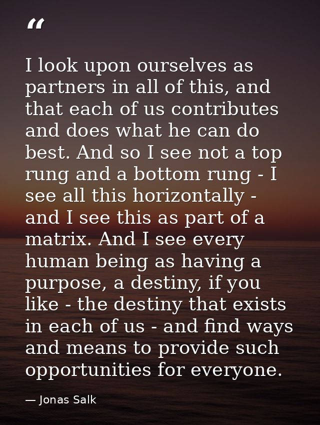 I look upon ourselves as partners in all of this, and that each of us contributes and does what he can do best. And so I — Jonas Salk