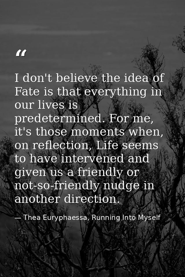 I don't believe the idea of Fate is that everything in our lives is predetermined. For me, it's those moments when, on r — Thea Euryphaessa, Running Into Myself