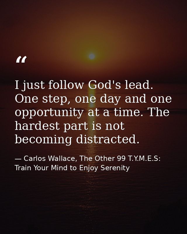 I just follow God's lead. One step, one day and one opportunity at a time. The hardest part is not becoming distracted. — Carlos Wallace, The Other 99 T.Y.M.E.S: Train Your Mind to Enjoy Serenity