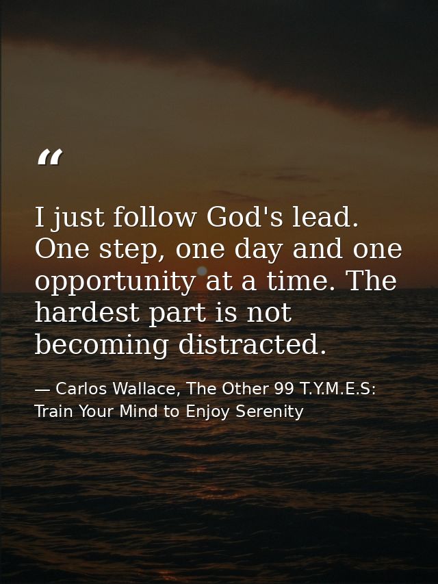 I just follow God's lead. One step, one day and one opportunity at a time. The hardest part is not becoming distracted. — Carlos Wallace, The Other 99 T.Y.M.E.S: Train Your Mind to Enjoy Serenity