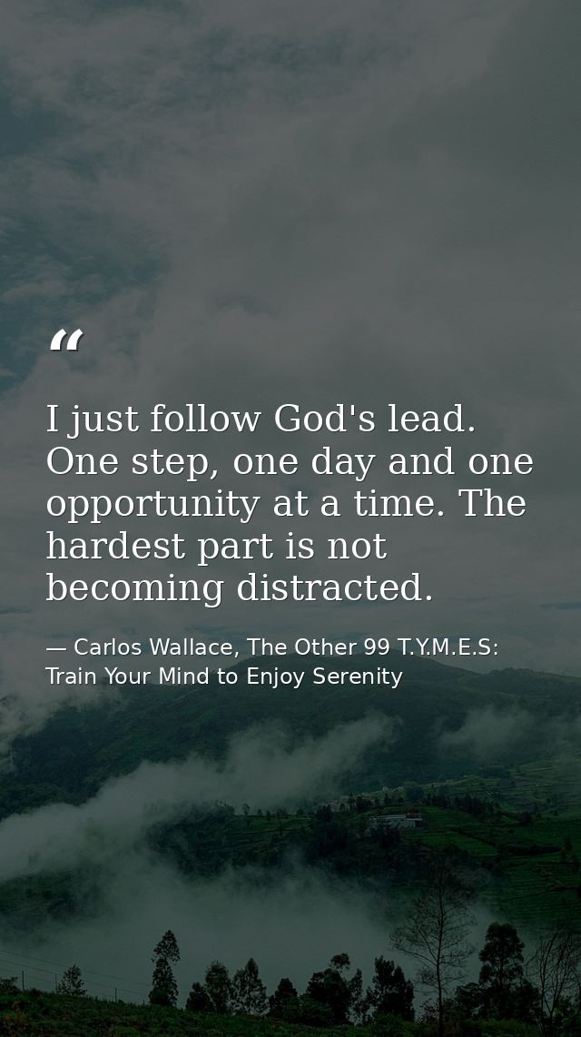 I just follow God's lead. One step, one day and one opportunity at a time. The hardest part is not becoming distracted. — Carlos Wallace, The Other 99 T.Y.M.E.S: Train Your Mind to Enjoy Serenity