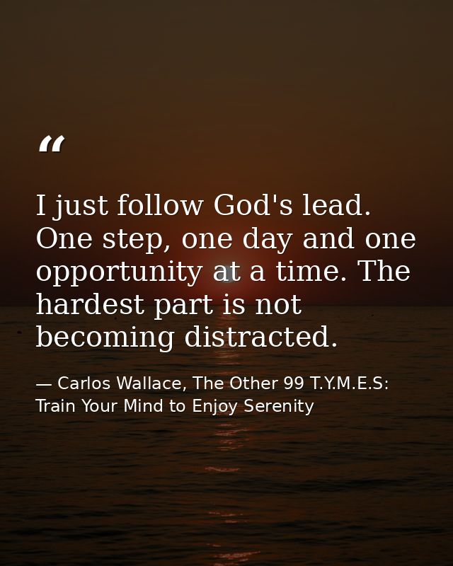 I just follow God's lead. One step, one day and one opportunity at a time. The hardest part is not becoming distracted. — Carlos Wallace, The Other 99 T.Y.M.E.S: Train Your Mind to Enjoy Serenity