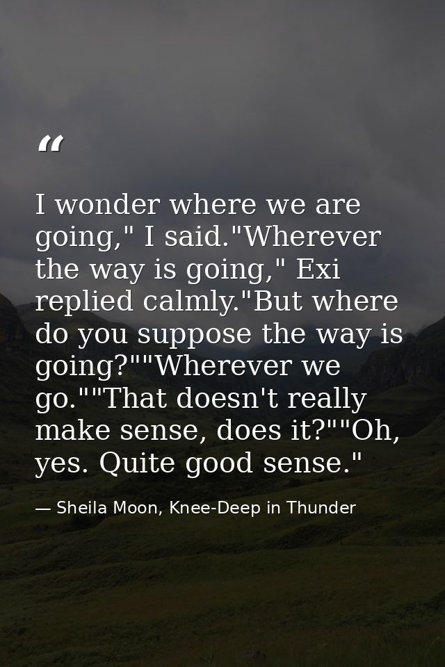 I wonder where we are going," I said."Wherever the way is going," Exi replied calmly."But where do you suppose the way i — Sheila Moon, Knee-Deep in Thunder