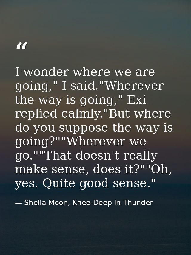 I wonder where we are going," I said."Wherever the way is going," Exi replied calmly."But where do you suppose the way i — Sheila Moon, Knee-Deep in Thunder