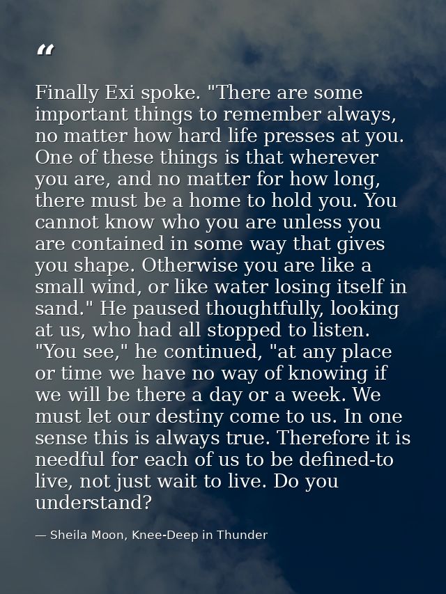 Finally Exi spoke. "There are some important things to remember always, no matter how hard life presses at you. One of t — Sheila Moon, Knee-Deep in Thunder