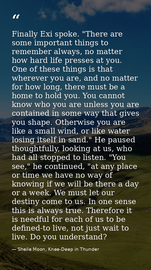 Finally Exi spoke. "There are some important things to remember always, no matter how hard life presses at you. One of t — Sheila Moon, Knee-Deep in Thunder