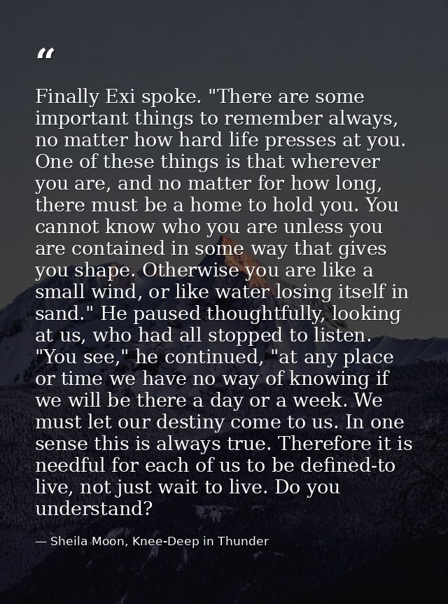 Finally Exi spoke. "There are some important things to remember always, no matter how hard life presses at you. One of t — Sheila Moon, Knee-Deep in Thunder