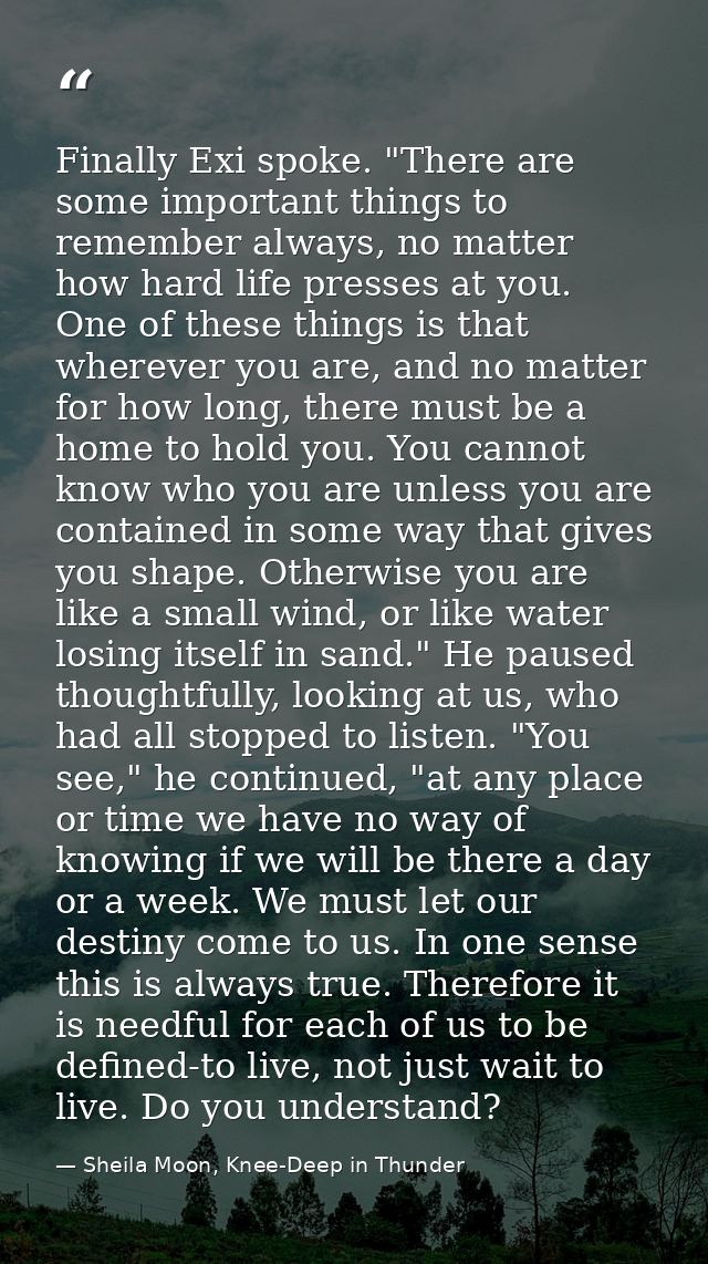 Finally Exi spoke. "There are some important things to remember always, no matter how hard life presses at you. One of t — Sheila Moon, Knee-Deep in Thunder