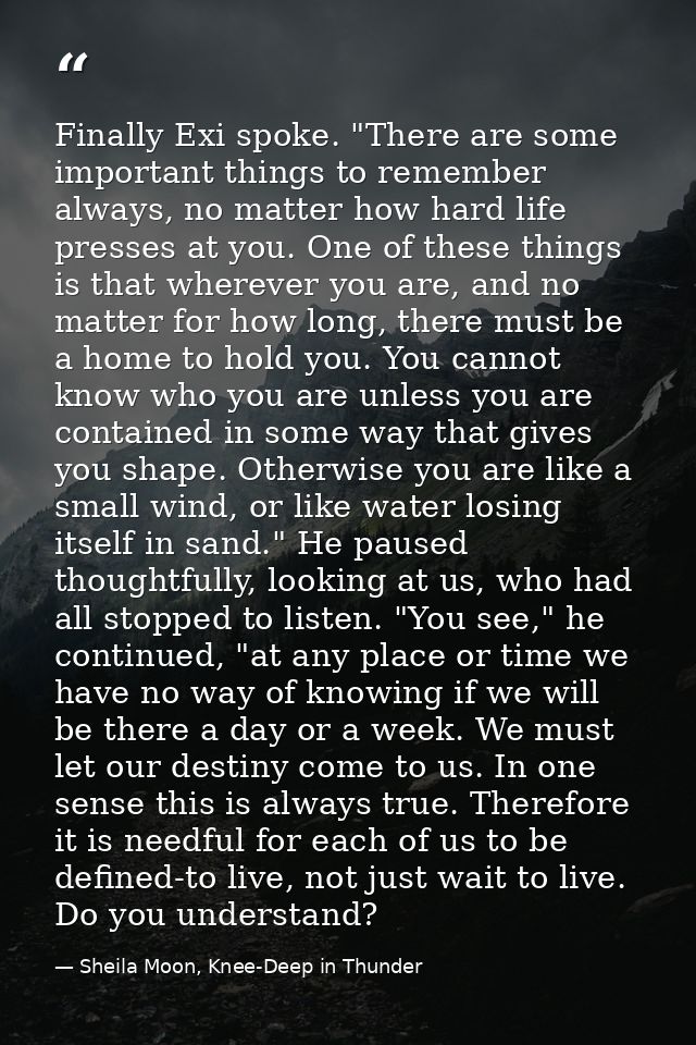 Finally Exi spoke. "There are some important things to remember always, no matter how hard life presses at you. One of t — Sheila Moon, Knee-Deep in Thunder