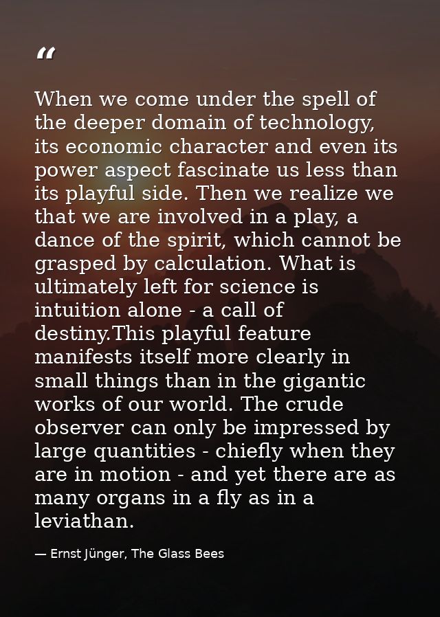 When we come under the spell of the deeper domain of technology, its economic character and even its power aspect fascin — Ernst Jünger, The Glass Bees