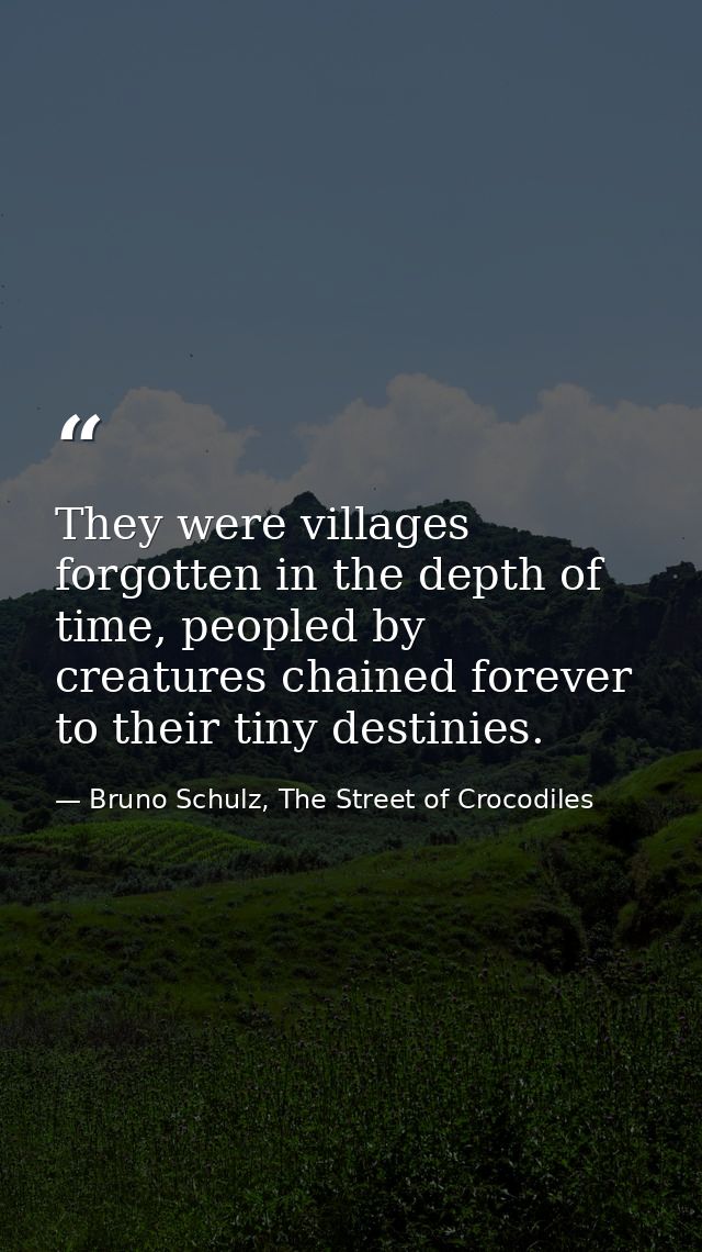 They were villages forgotten in the depth of time, peopled by creatures chained forever to their tiny destinies. — Bruno Schulz, The Street of Crocodiles