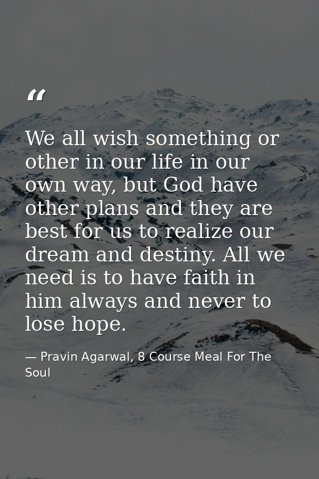 We all wish something or other in our life in our own way, but God have other plans and they are best for us to realize  — Pravin Agarwal, 8 Course Meal For The Soul