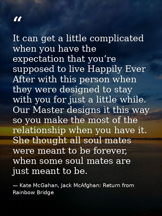 It can get a little complicated when you have the expectation that you’re supposed to live Happily Ever After with this  — Kate McGahan, Jack McAfghan: Return from Rainbow Bridge