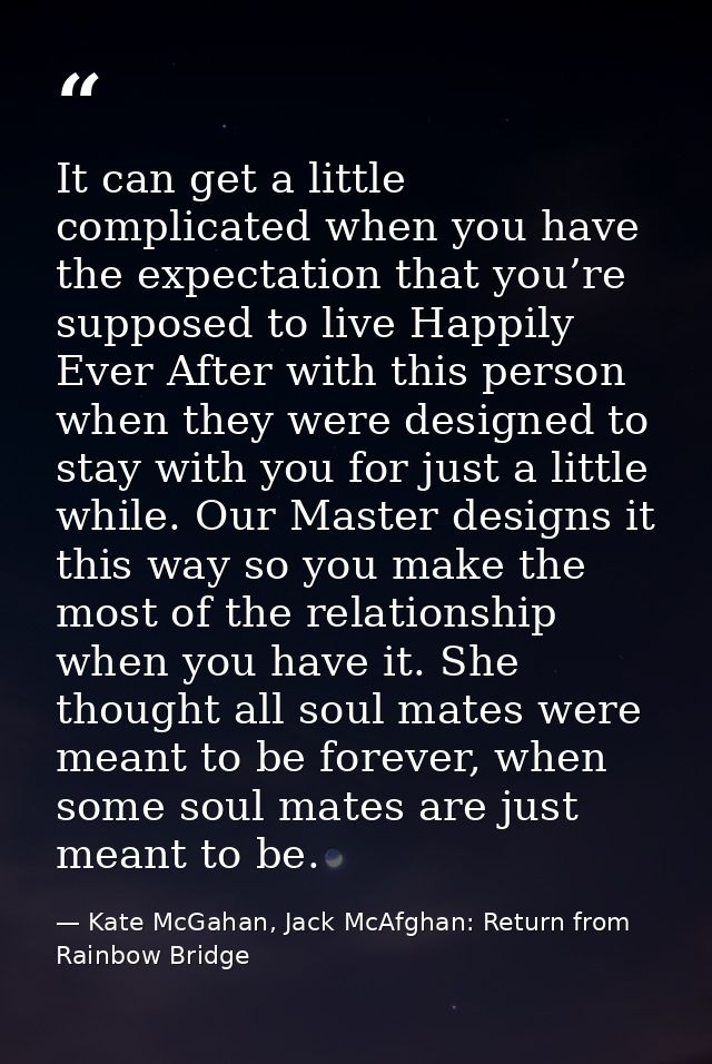 It can get a little complicated when you have the expectation that you’re supposed to live Happily Ever After with this  — Kate McGahan, Jack McAfghan: Return from Rainbow Bridge