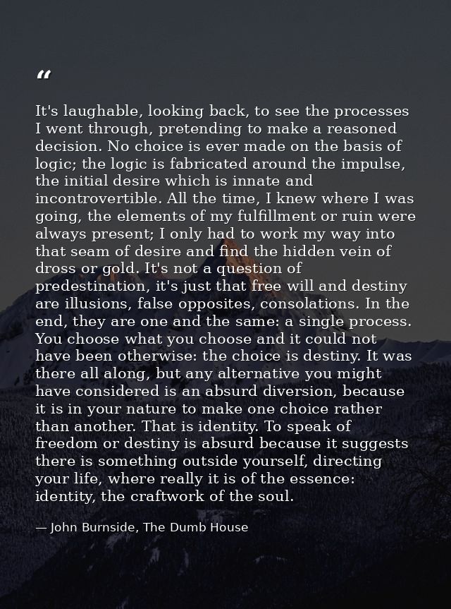 It's laughable, looking back, to see the processes I went through, pretending to make a reasoned decision. No choice is  — John Burnside, The Dumb House