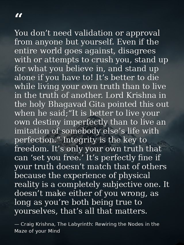 You don’t need validation or approval from anyone but yourself. Even if the entire world goes against, disagrees with or — Craig Krishna, The Labyrinth: Rewiring the Nodes in the Maze of your Mind