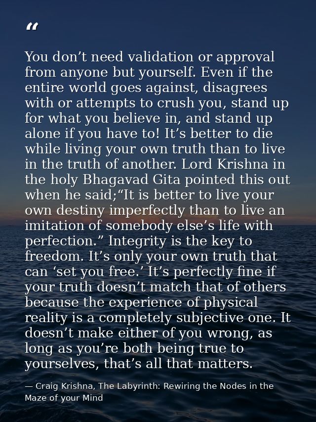 You don’t need validation or approval from anyone but yourself. Even if the entire world goes against, disagrees with or — Craig Krishna, The Labyrinth: Rewiring the Nodes in the Maze of your Mind