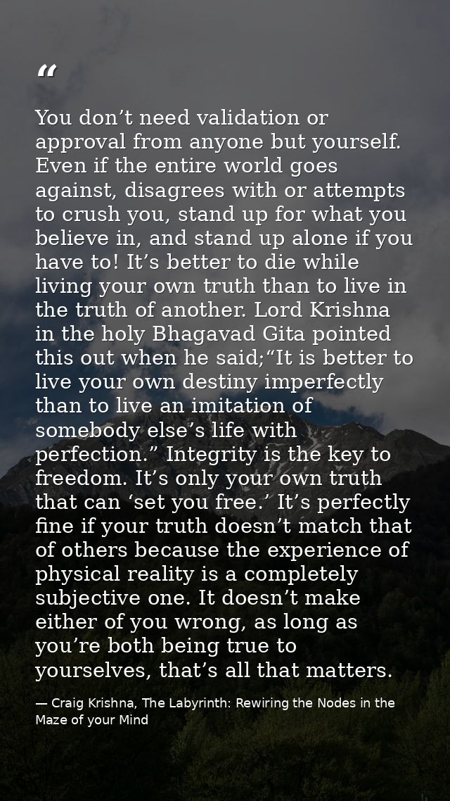You don’t need validation or approval from anyone but yourself. Even if the entire world goes against, disagrees with or — Craig Krishna, The Labyrinth: Rewiring the Nodes in the Maze of your Mind