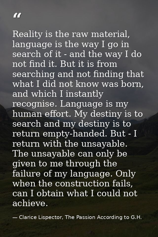 Reality is the raw material, language is the way I go in search of it - and the way I do not find it. But it is from sea — Clarice Lispector, The Passion According to G.H.