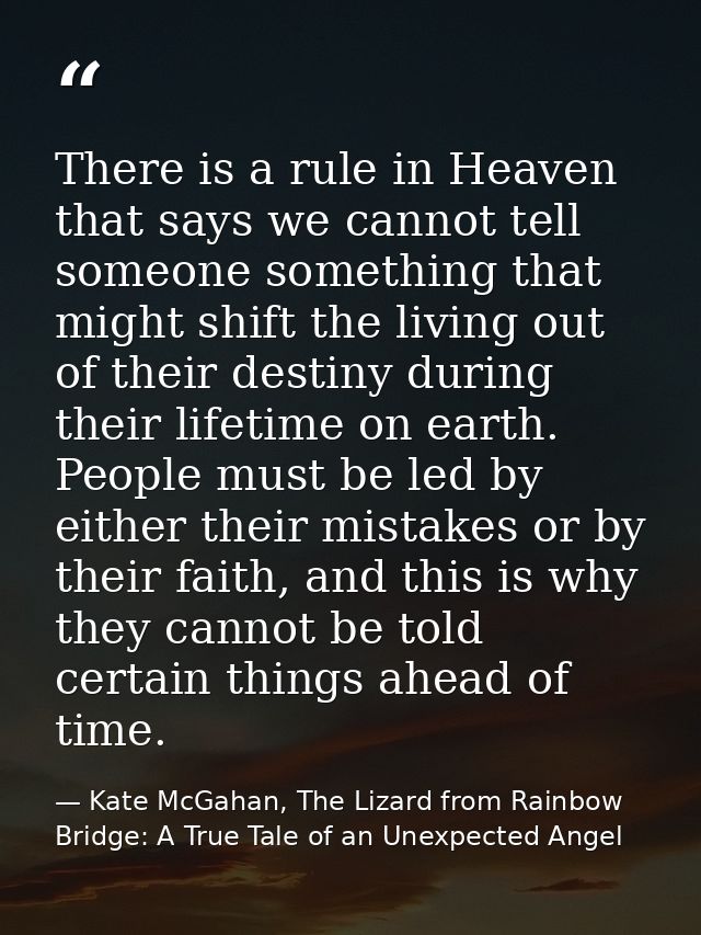 There is a rule in Heaven that says we cannot tell someone something that might shift the living out of their destiny du — Kate McGahan, The Lizard from Rainbow Bridge: A True Tale of an Unexpected Angel