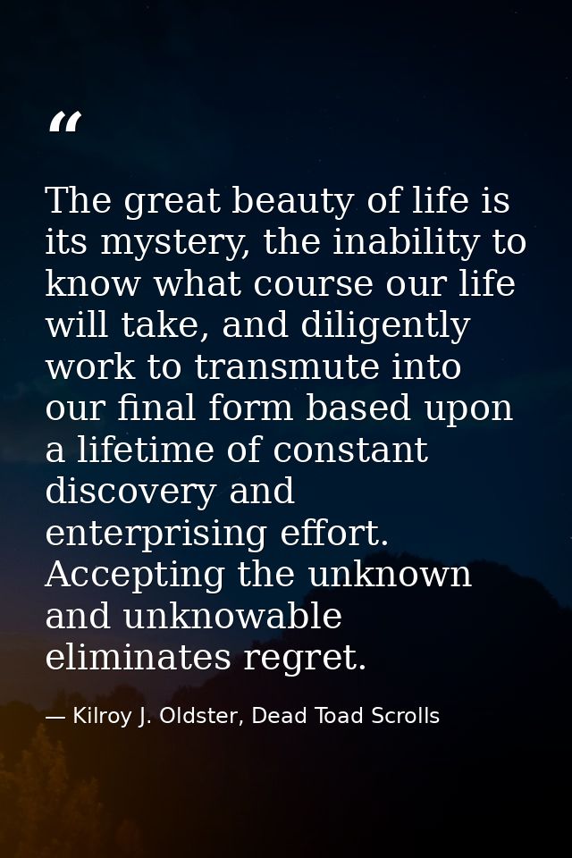 The great beauty of life is its mystery, the inability to know what course our life will take, and diligently work to tr — Kilroy J. Oldster, Dead Toad Scrolls