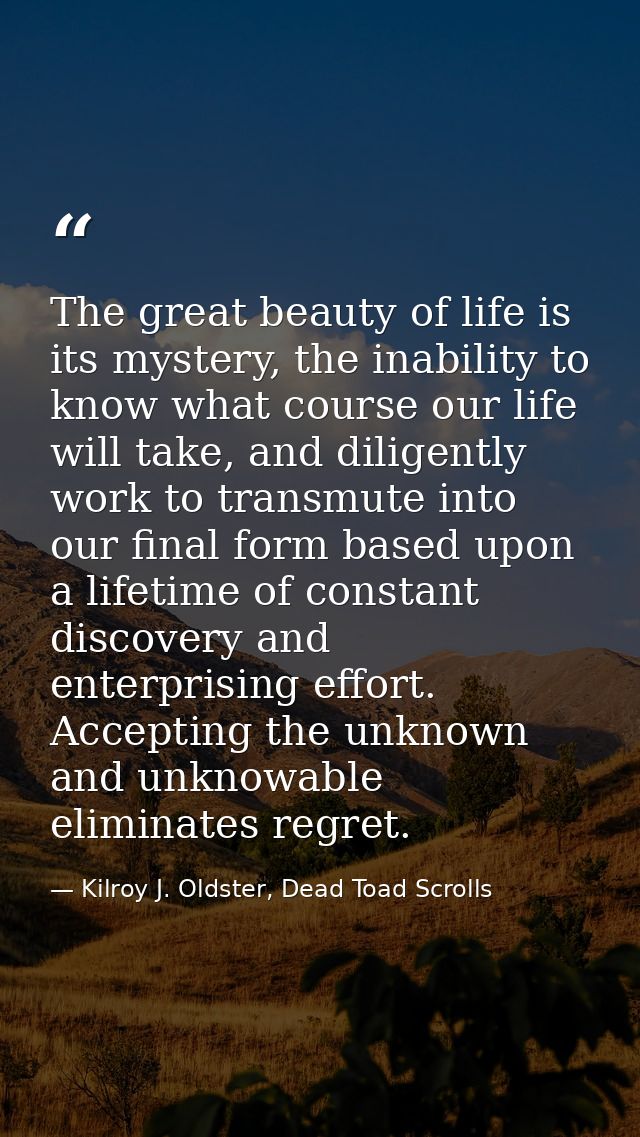 The great beauty of life is its mystery, the inability to know what course our life will take, and diligently work to tr — Kilroy J. Oldster, Dead Toad Scrolls