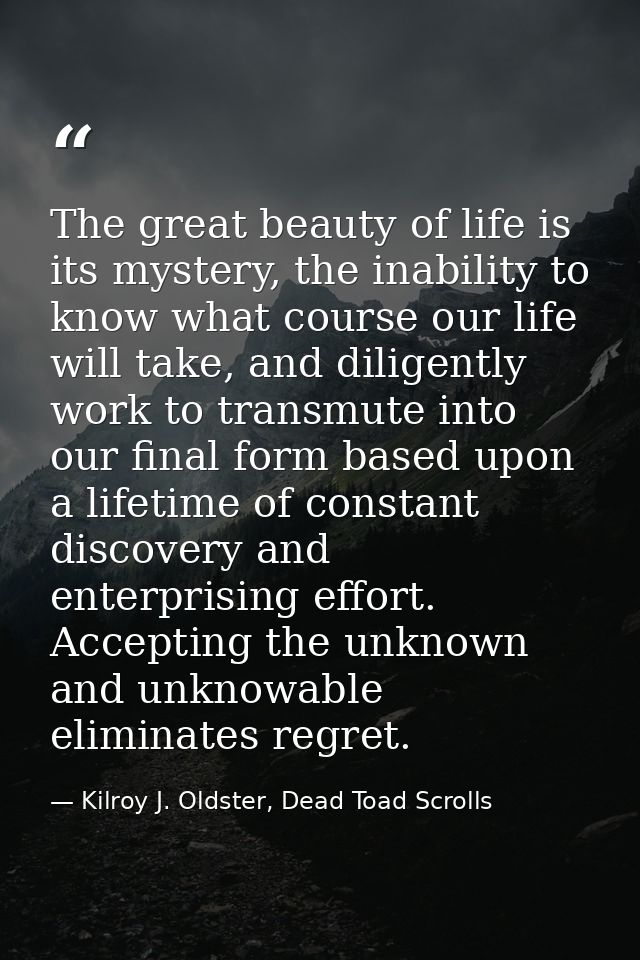 The great beauty of life is its mystery, the inability to know what course our life will take, and diligently work to tr — Kilroy J. Oldster, Dead Toad Scrolls