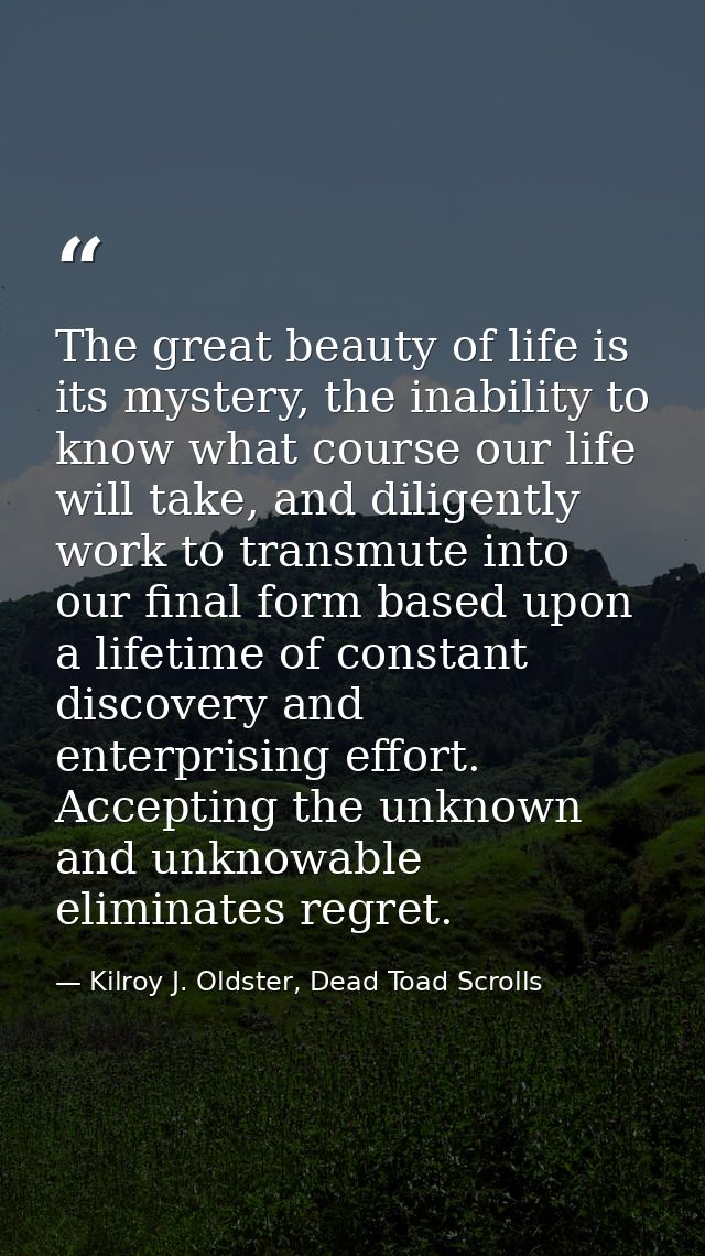 The great beauty of life is its mystery, the inability to know what course our life will take, and diligently work to tr — Kilroy J. Oldster, Dead Toad Scrolls
