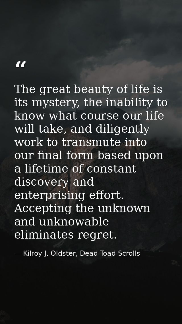The great beauty of life is its mystery, the inability to know what course our life will take, and diligently work to tr — Kilroy J. Oldster, Dead Toad Scrolls