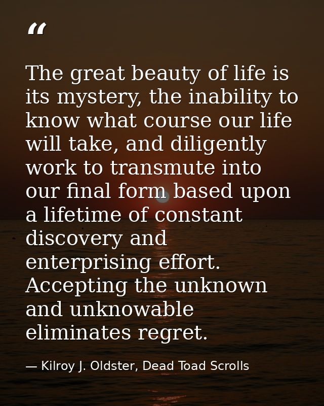 The great beauty of life is its mystery, the inability to know what course our life will take, and diligently work to tr — Kilroy J. Oldster, Dead Toad Scrolls